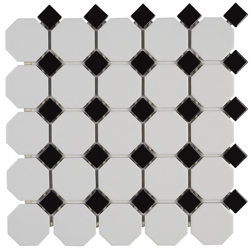 Daltile Octagon and Dot 2" x 2" Ceramic Mosaic Tile in Glazed Matte White with Black Gloss Dot